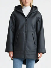 Women’s Black Hooded Leather Winter Coat – Waterproof Long Jacket for Cold Weather