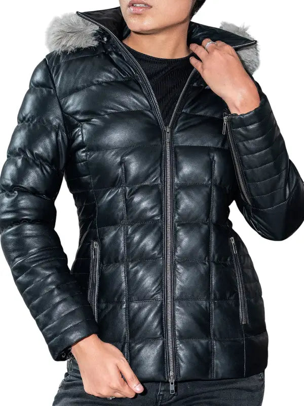 Women’s Black Leather Puffer Jacket with Faux Fur Hood, Quilted Winter Leather Coat