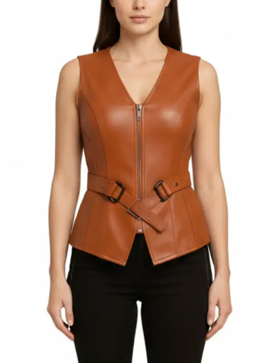 Women’s ARA Brown Leather Vest – Slim-Fit Belted Sleeveless Jacket