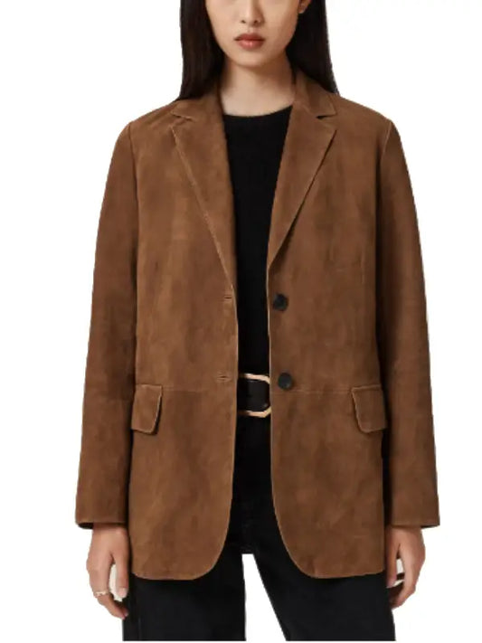 Women’s Brown Suede Blazer Jacket with Two Button Closure