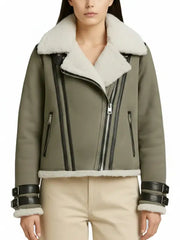 Women’s Gray Shearling Moto Jacket – White Fur Collar Winter Biker Coat