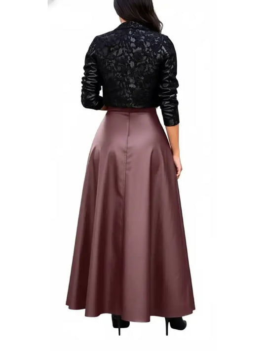 Women’s Maroon High Slit Leather Maxi Skirt – Elegant A Line Long Skirt