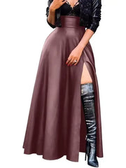 Women’s Maroon High Slit Leather Maxi Skirt – Elegant A Line Long Skirt