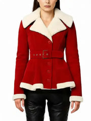 Women’s Red Shearling Jacket with White Fur Trim – Belted Winter Coat