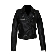 Black Side Belt Biker Style Genuine Leather Jacket