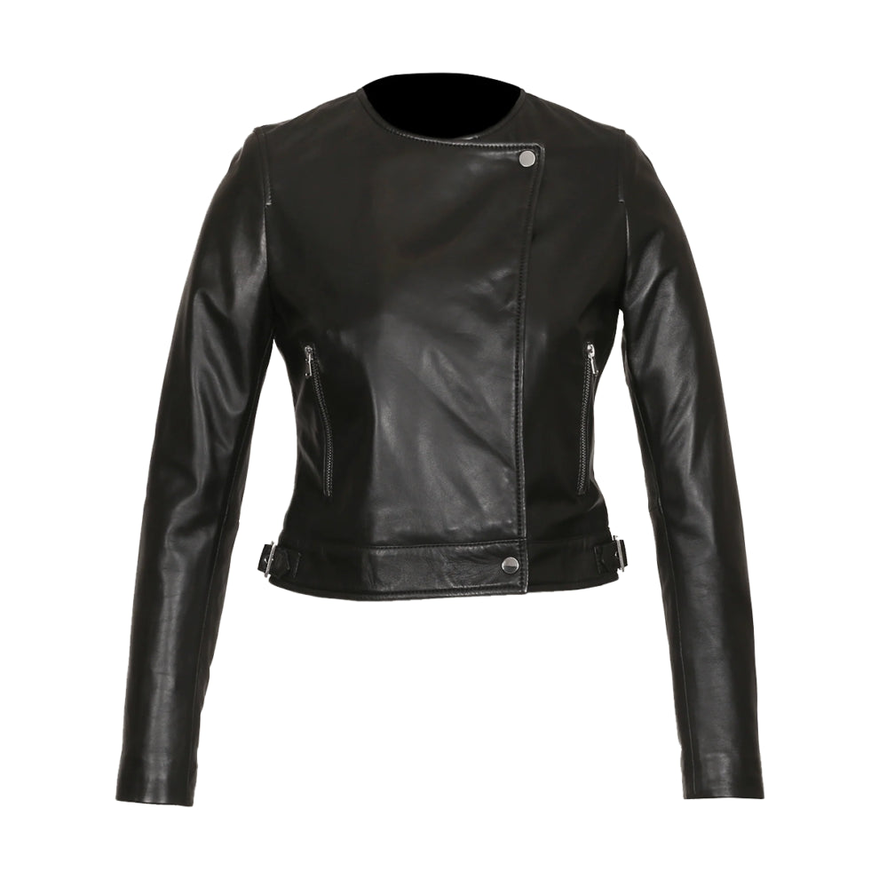 Black Collar Less Genuine Leather Jacket