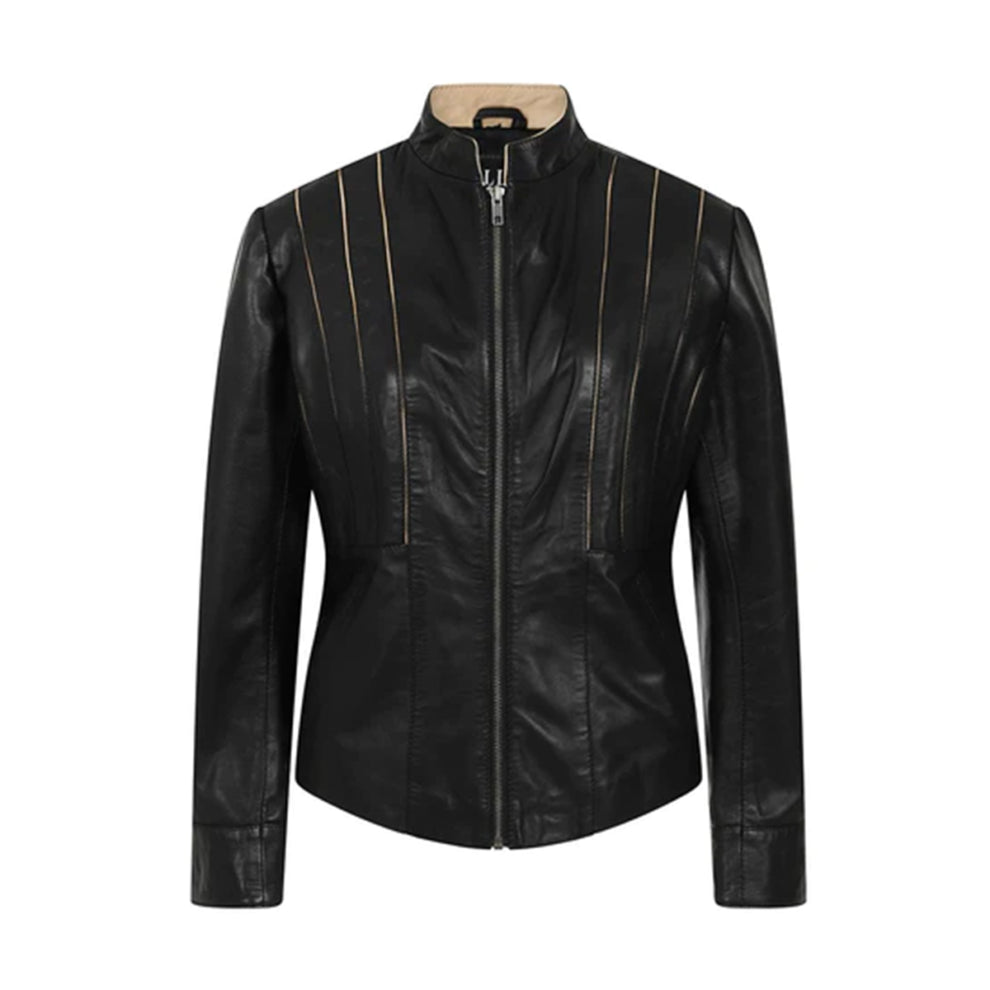 Black Biker Stand Collar Genuine Leather Jacket