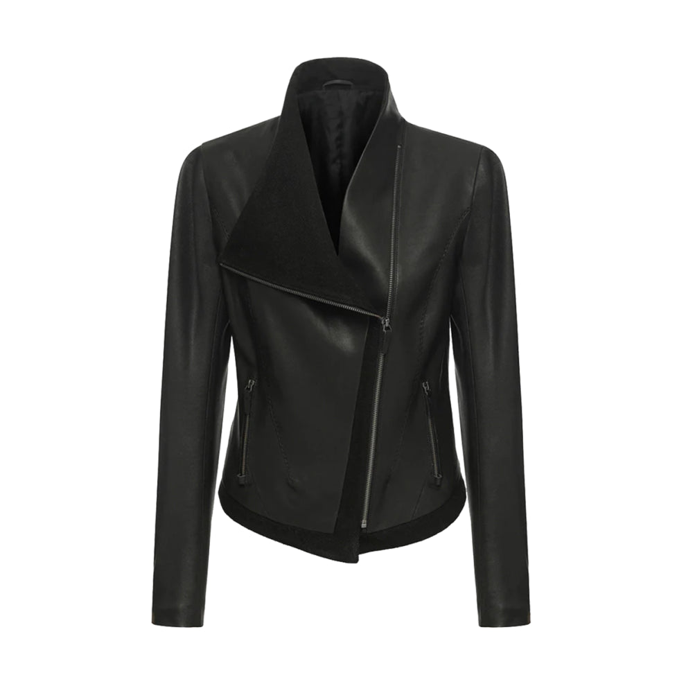 Black Shawl Collar Genuine Leather Jacket