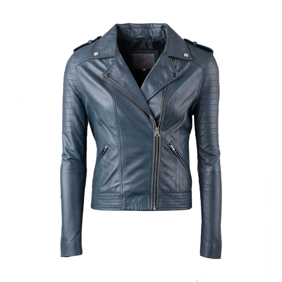 Blue Quilted Biker Leather Jacket