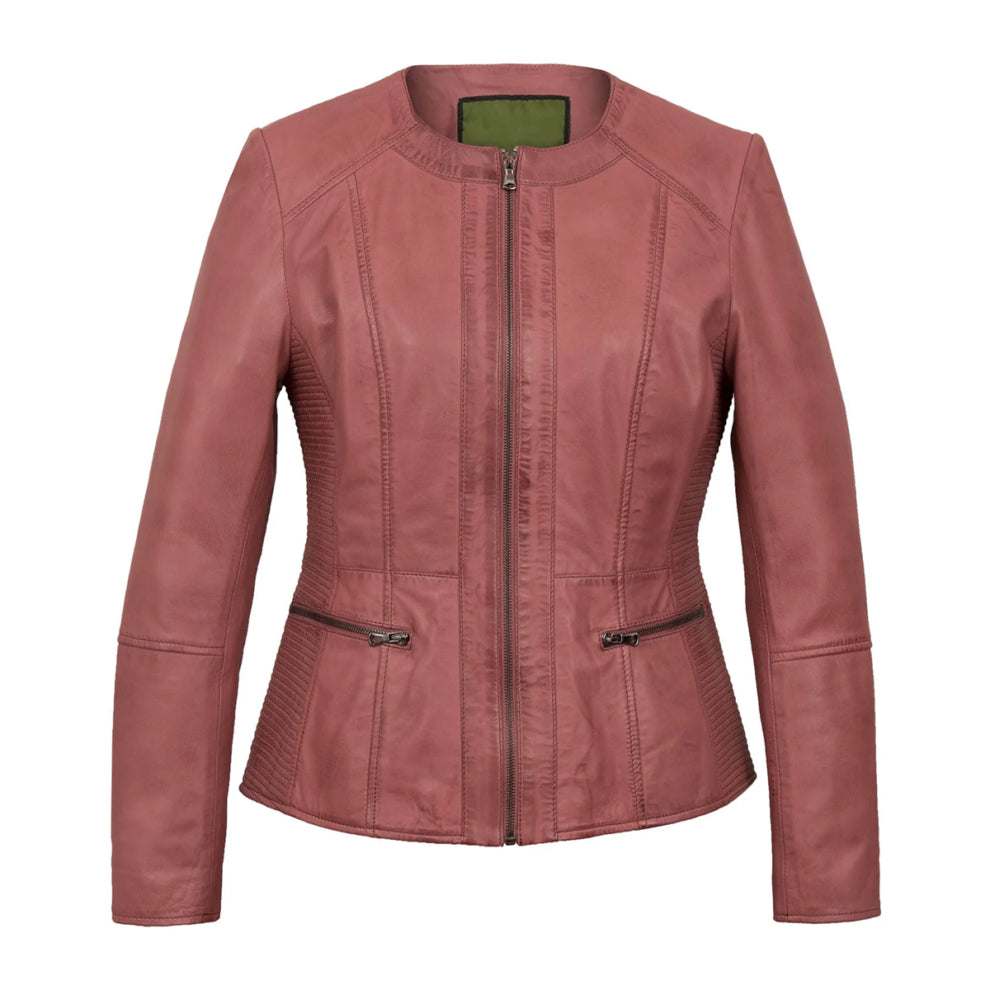 Pink Collarless Leather Jacket