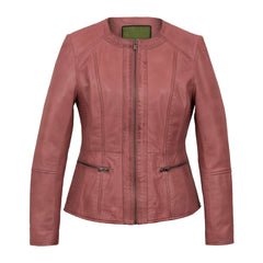 Pink Collarless Leather Jacket