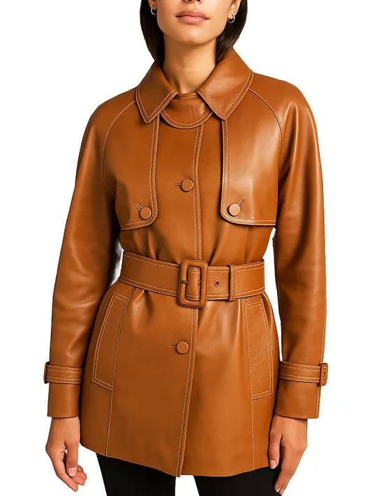 Womens Brown Belted Leather Trench Jacket