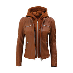 Hooded Style Brown Leather Jacket