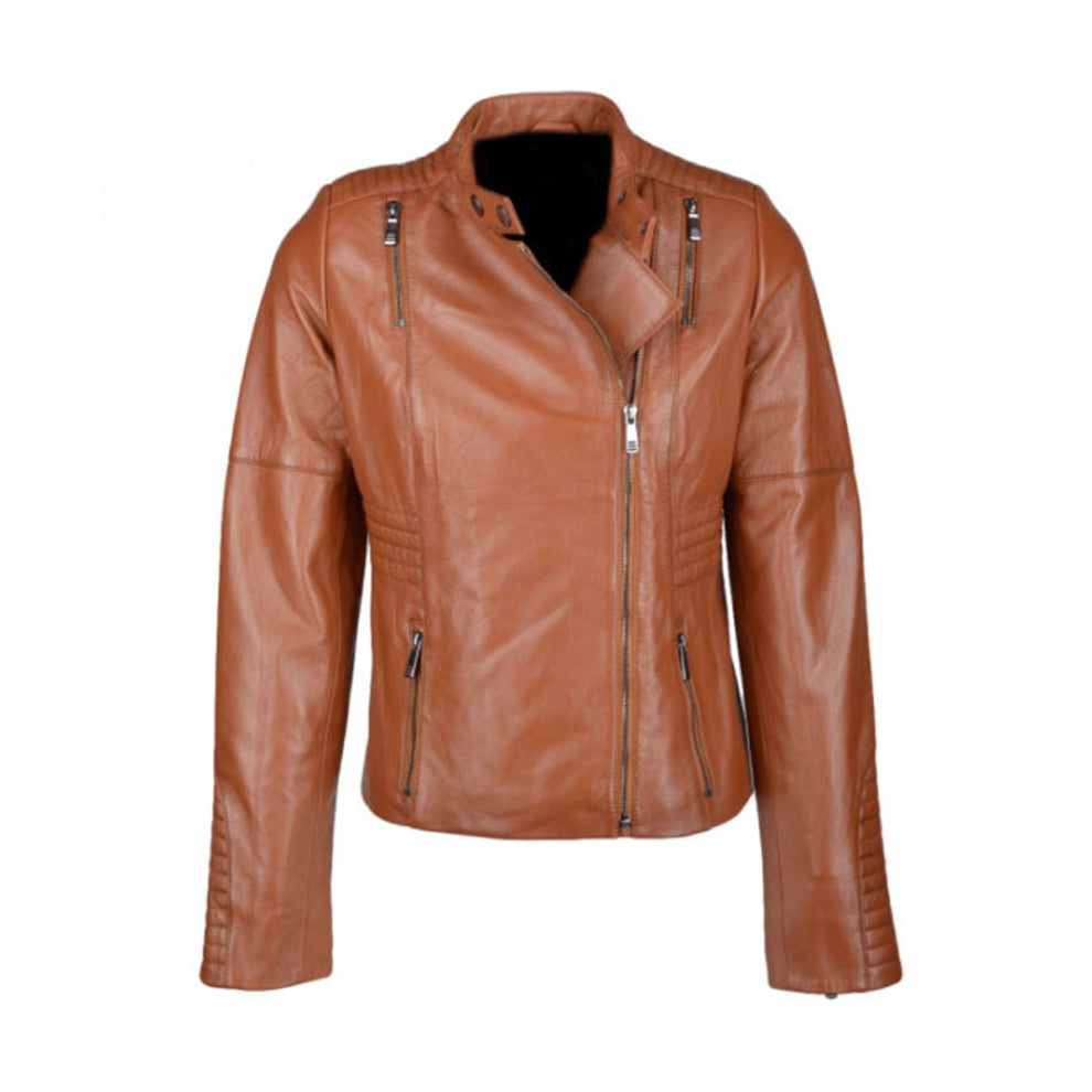 Brown Quilted Cafe Racer Biker Leather Jacket