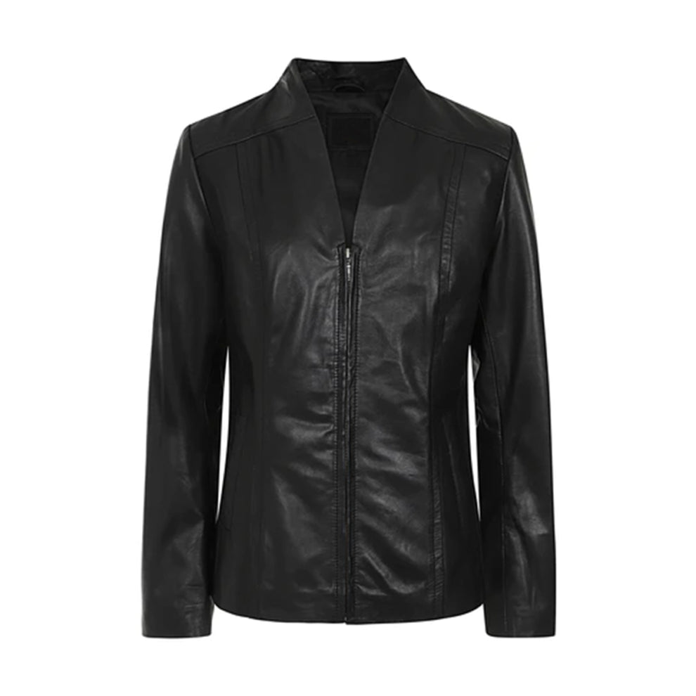 Short Round Collar Style Leather Jacket