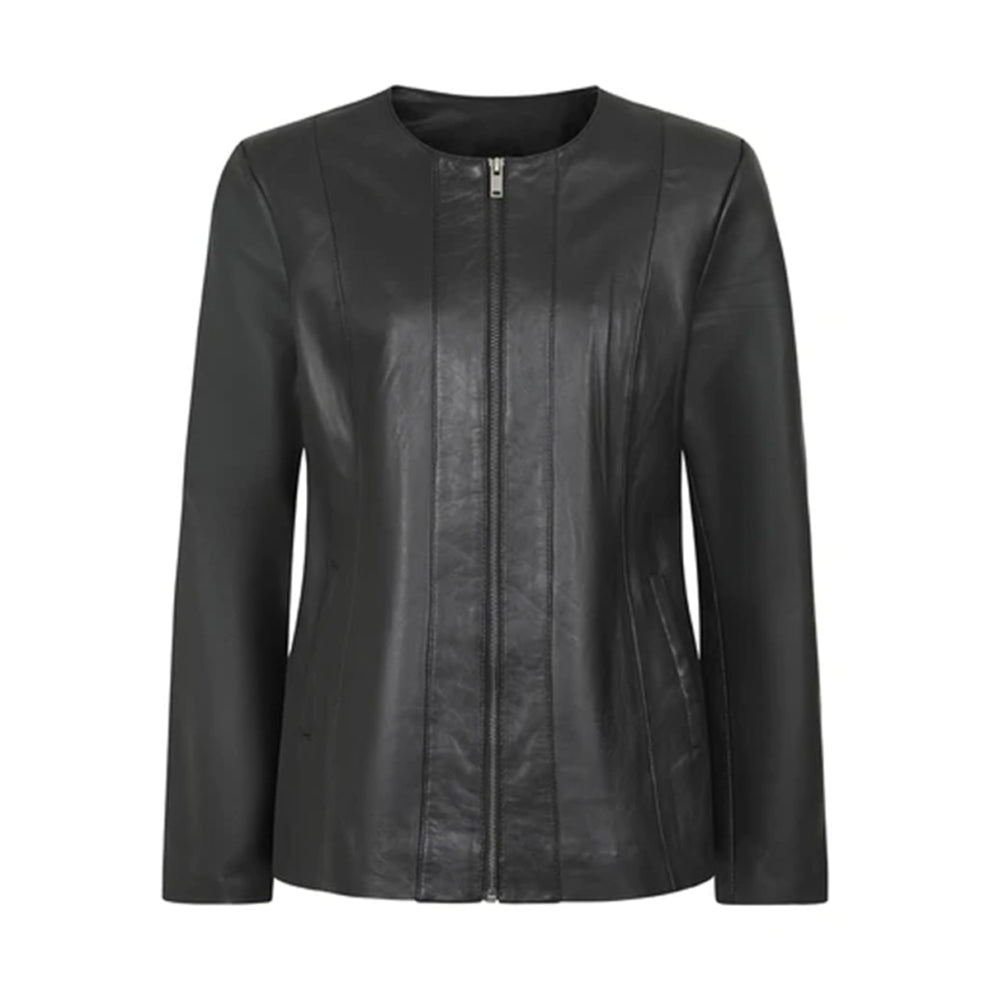 Casual Style Black Collar Less Genuine Leather Jacket