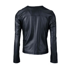 Black Collar Less Leather Jacket