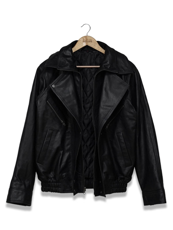 Fashion Lapel Style Black Biker Leather Jacket