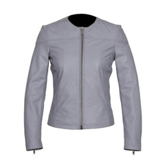 Grey Collar Less Leather Jacket