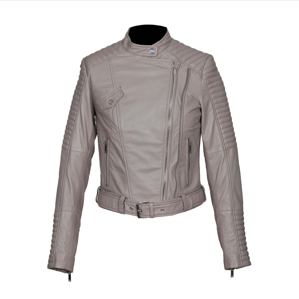 Biker Style Grey Leather Jacket