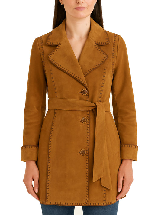 Womens Long Belted Tan Suede Leather Coat 