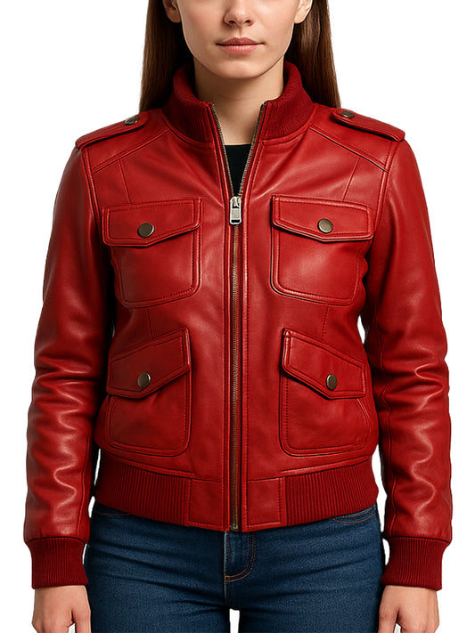 Womens Red Leather Bomber Jacket with Flap Pockets