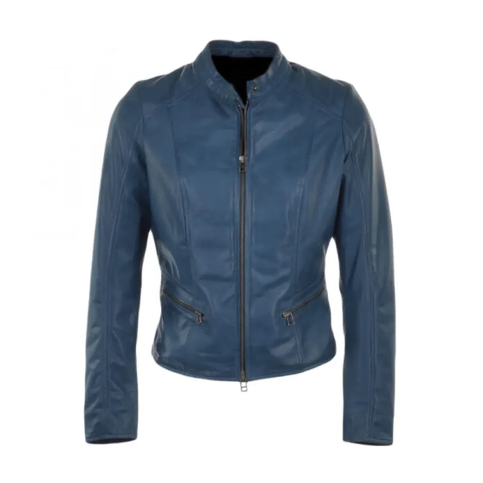 Biker Retro Blue Genuine Leather Jacket