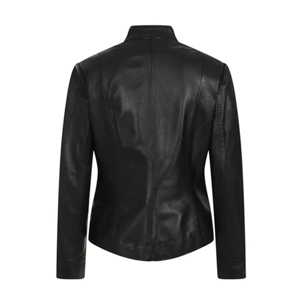 Black Biker Stand Collar Genuine Leather Jacket