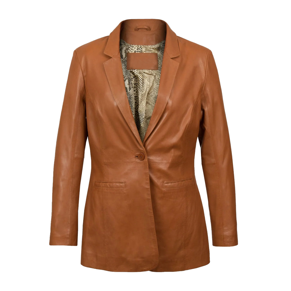 Tan Brown Genuine Leather Long Blazer