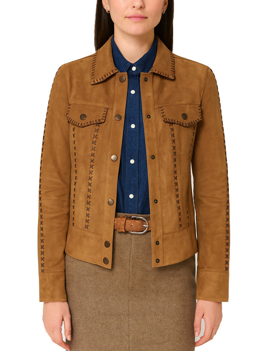 Womens Western Stitch Tan Suede Leather Jacket