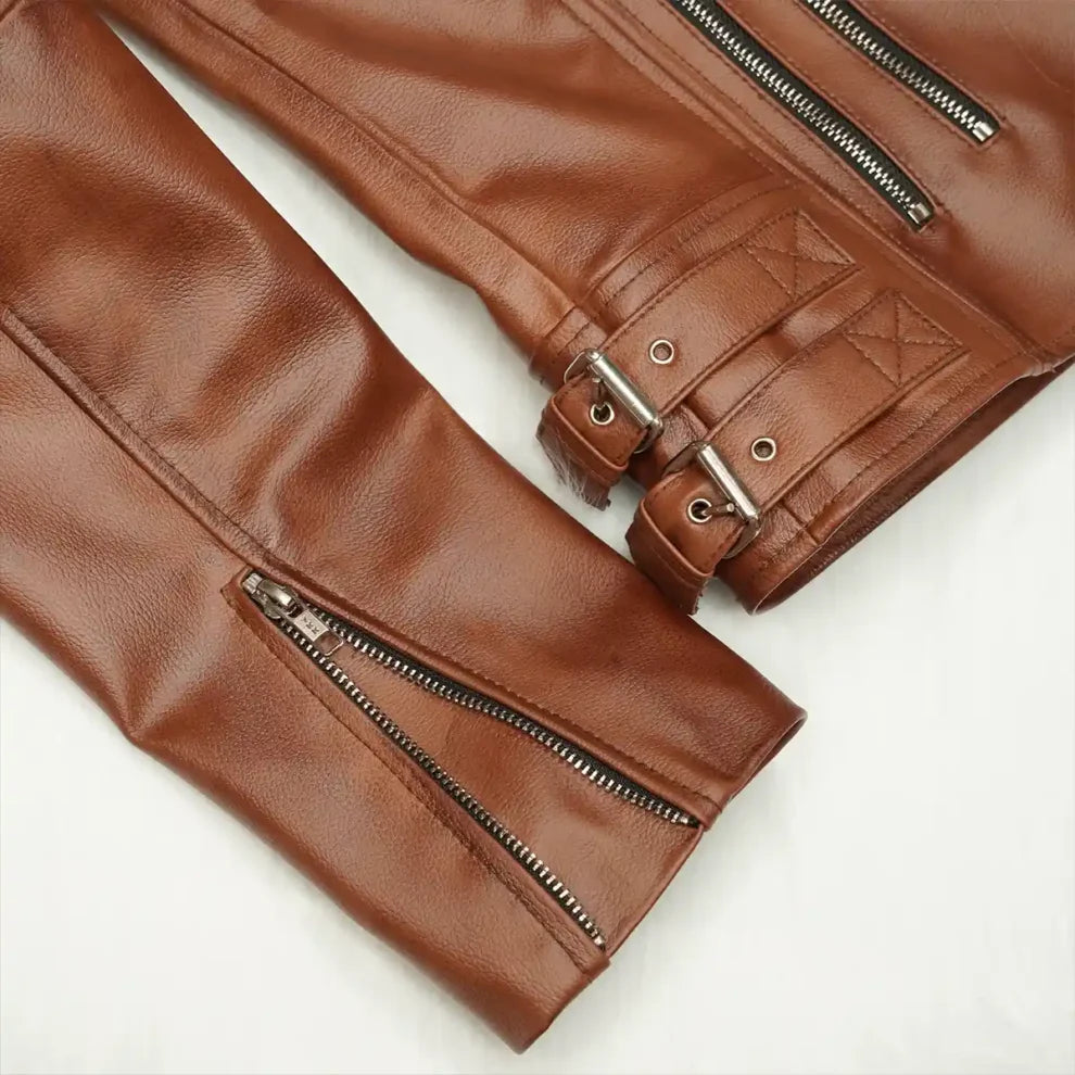 Biker Lapel Style Brown Leather Jacket