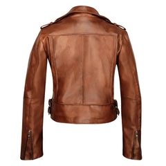 Biker Lapel Style Brown Leather Jacket