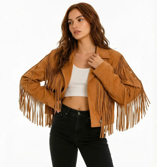 Women’s Tan Real Suede Fringe Leather Jacket