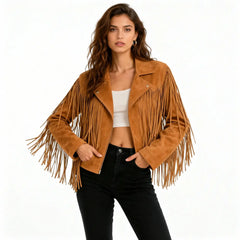 Women’s Tan Real Suede Fringe Leather Jacket