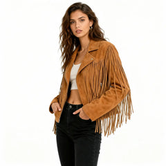 Women’s Tan Real Suede Fringe Leather Jacket