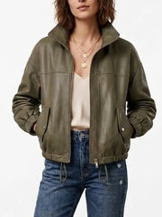 Womens Green Leather Bomber Jacket