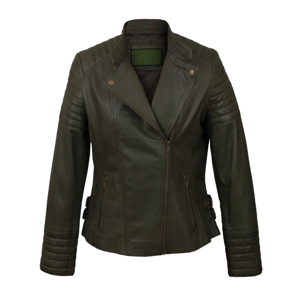 Green Notch Style Biker Leather Jacket