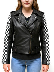 Womens Checkered Studded Leather Biker Jacket