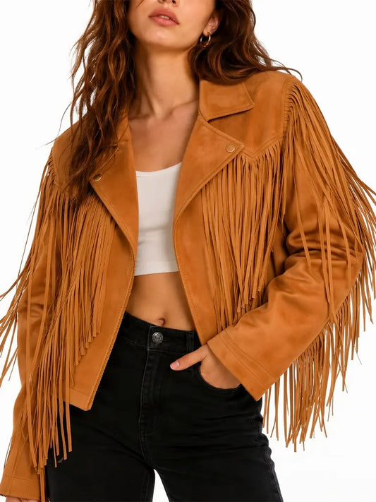 Women’s Tan Real Suede Fringe Leather Jacket