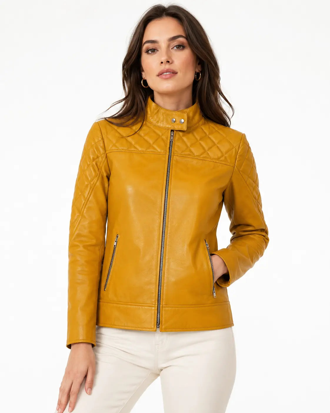Women's mustard yellow leather jacket with quilted shoulders and zippered pockets front view