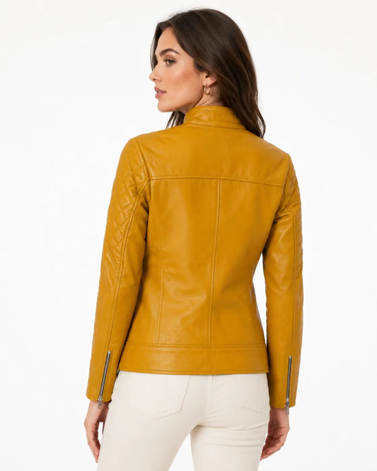 Women's mustard yellow leather jacket quilted sleeve and fitted back view