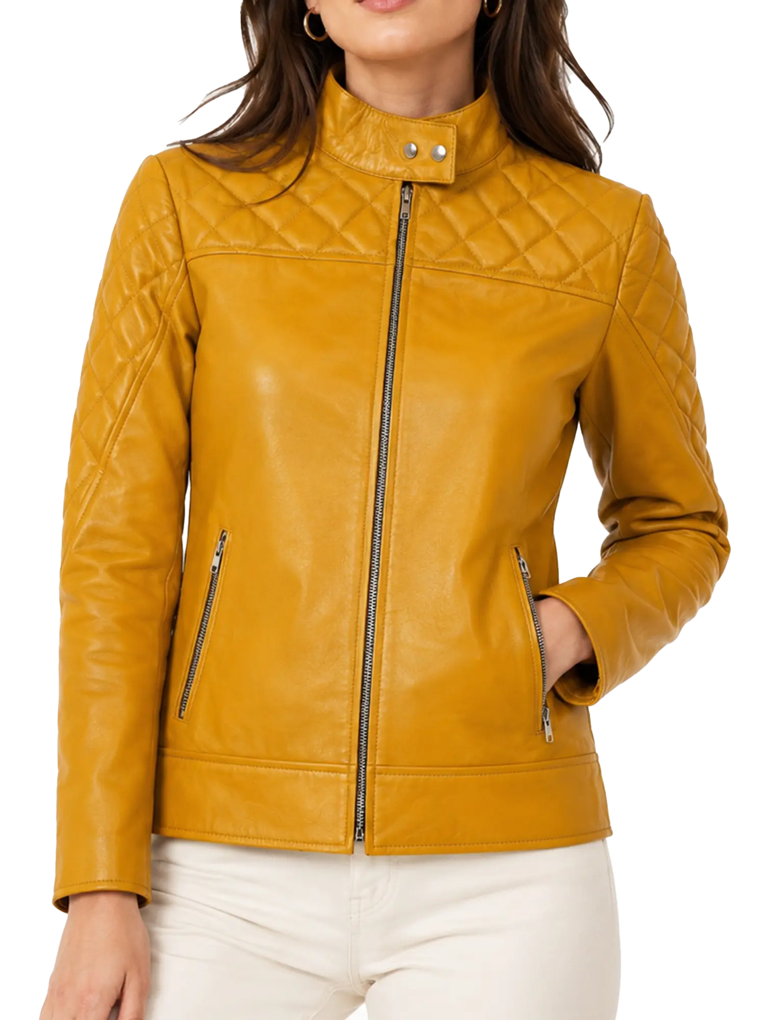 Women's mustard yellow leather jacket with quilted shoulders and zippered pockets front view