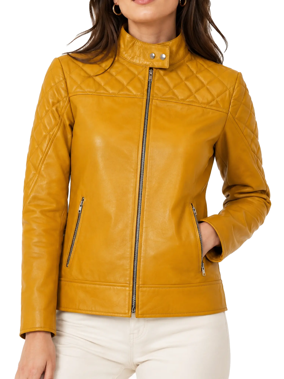 Women's mustard yellow leather jacket with quilted shoulders and zippered pockets front view