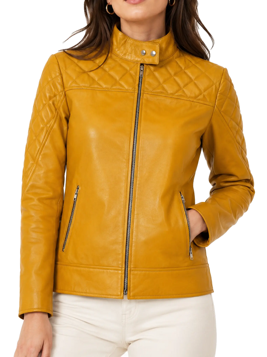 Women's mustard yellow leather jacket with quilted shoulders and zippered pockets front view