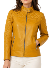 Women's mustard yellow leather jacket with quilted shoulders and zippered pockets front view