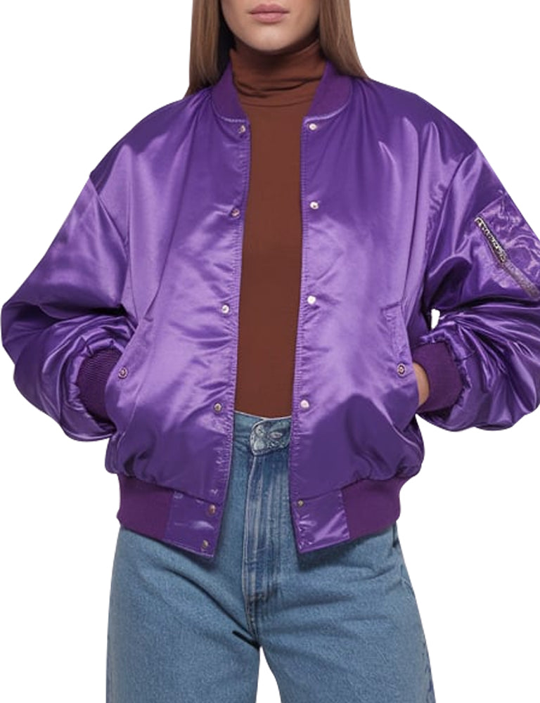 Womens Vibrant Purple Satin Bomber Jacket 