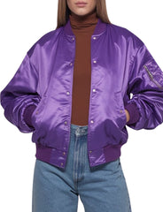 Womens Vibrant Purple Satin Bomber Jacket 
