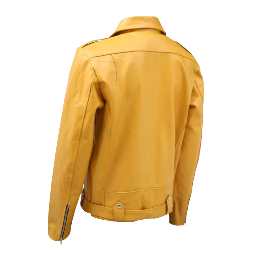 Yellow Lapel Biker Style Leather Jacket