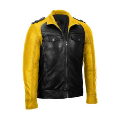 Yellow and Black Motorbike Leather Jacket For Men