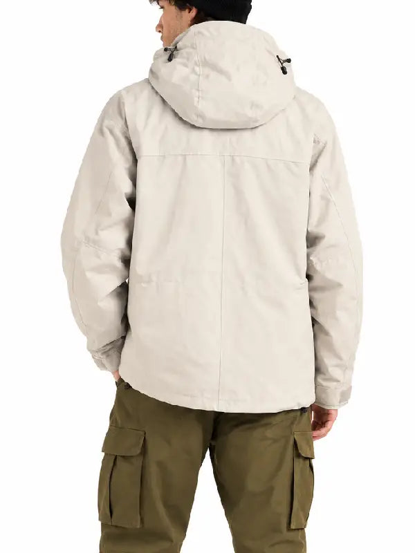 Back view of a men's beige waterproof shell jacket with adjustable hood, hook-and-loop cuff tabs and drawcord hem
